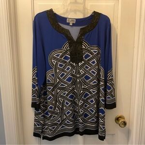 JM Collection Blue and Black Patterned Tunic